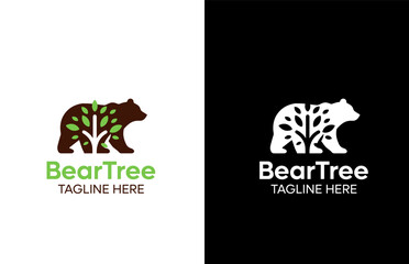Bear and Tree Simple Negative Space Logo Template	