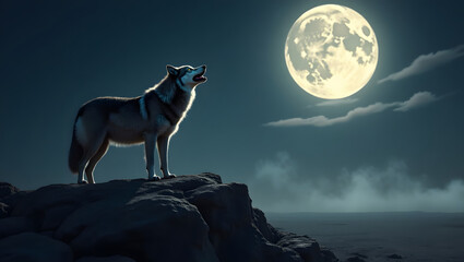 A lone wolf howling at a bright full moon in an empty landscape