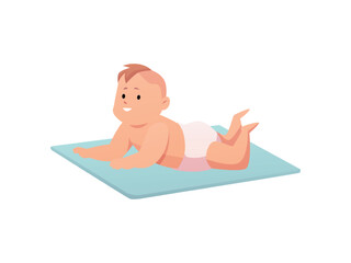 Obraz premium Cute lovely little baby in diaper lies on belly, vector cartoon first year toddler activity, happy boy girl infant play