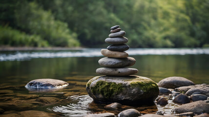 A small stack of balanced rocks on the shore of a quiet river