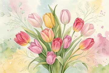 Beautiful bouquet of tulips in soft watercolor and ink design with vibrant colors, showcasing spring's joyful essence