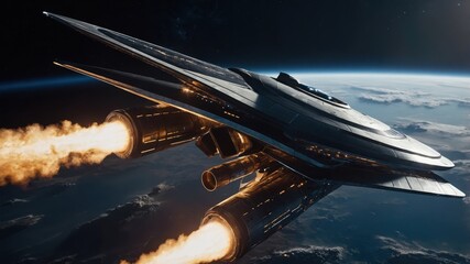 Sleek spaceship soars above Earth, engines blazing with fiery intensity.