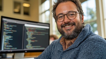 Fototapeta premium Prompt Engineer Concept. Smiling man with glasses in front of a computer screen displaying code.