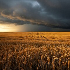 A panoramic view of golden wheat fields under dark storm clouds, creating a dramatic contrast.