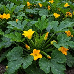 A bed of zucchini plants with large, green leaves and bright yellow blossoms.