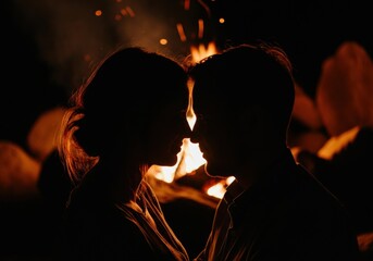 Silhouette of a couple sharing a romantic moment by the campfire