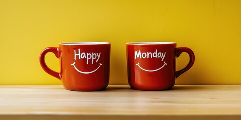 Obraz premium Two red mugs with simple smiley faces painted on them sit side-by-side on a light wooden surface in front of a bright, solid yellow wall. The words Happy Monday