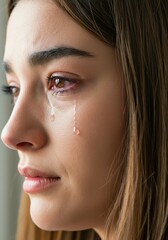 Fototapeta premium Close-up of a woman with tears streaming down her face, expressing deep emotion
