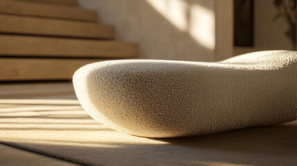 Textured ottoman in sunlight. Soft and inviting, complements minimalist design with warmth and comfort.