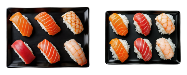 Fresh Assorted Sushi Nigiri with Salmon, Tuna and Shrimp on Black Rectangular Plate Collection Set Isolated on Transparent and White Background