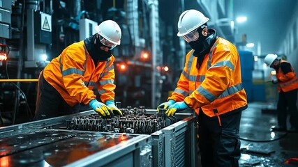 Scene capturing engineers in full protective gear performing routine maintenance on high-voltage transformers, carefully navigating around powerful electrical components and warnin