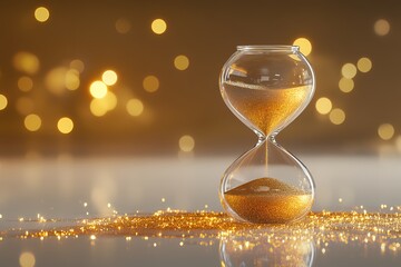 Golden hourglass with flowing sand and sparkling bokeh background
