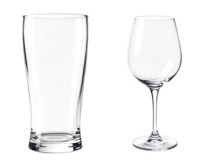 Classic Empty Beer Pint Glass and Elegant Wine Glass Set with Clear Crystal Design and Long Stem Isolated on Transparent and White Background
