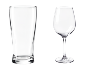 Classic Empty Beer Pint Glass and Elegant Wine Glass Set with Clear Crystal Design and Long Stem Isolated on Transparent and White Background