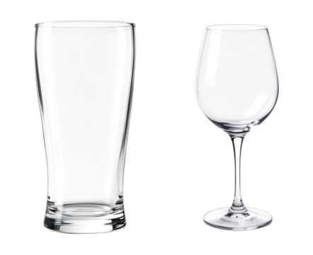 Classic Empty Beer Pint Glass and Elegant Wine Glass Set with Clear Crystal Design and Long Stem Isolated on Transparent and White Background