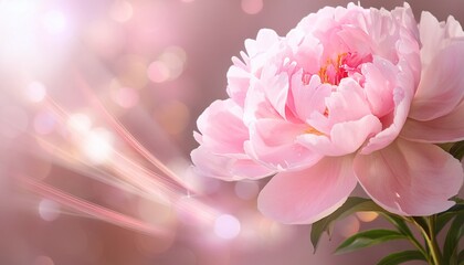 a single pale pink peony bloom stands gracefully against a softly blurred pastel background with delicate light trails enhancing its beauty perfect for luxury skincare branding
