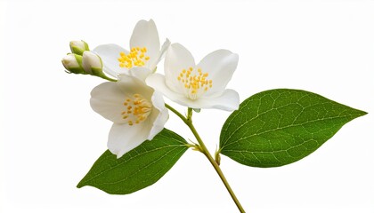 Obraz premium small twig of fresh jasmine philadelphus flowers isolated on white or transparent ackground
