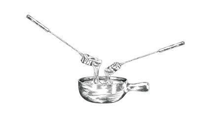 Cheese fondue vector ink sketch, engraved hand drawn melted cheese with bread slice on the skewer, fondue bowl