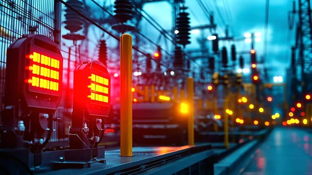A dramatic angle of towering power transformers, with glowing warning signs at their base, high-security fencing surrounding the units, and yellow safety barriers marking restricte
