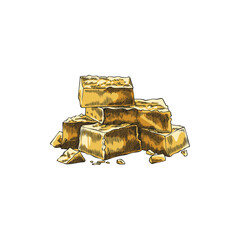 A pile of yellow cheese cubes sketch, Parmesan brick pieces heap, milk food production, hand drawn vector illustration