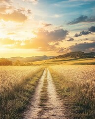 Golden wheat fields leading to distant hills under evening sky