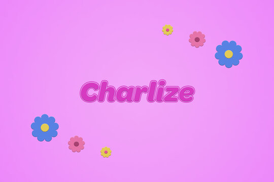 Charlize female girl name illustration in pink with blossoms, flowers