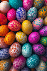 Fototapeta premium A collection of brightly-colored easter eggs covered in washi paper, each with a different highly-saturated and brightly-colored pattern.