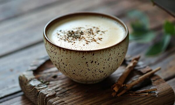 Close-up of a beautifully crafted ceramic bowl filled with frothy chai tea, surrounded by spices and herbs