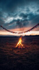 Fototapeta premium Lonely rural bonfire glowing in colorful night darkness