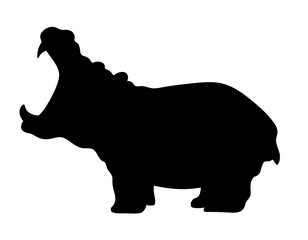 The hippopotamus silhouette opened its mouth with large teeth. A large African animal yawns