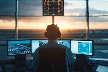 Rear view of a air traffic controller at his post in the control tower working on his screen