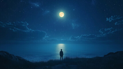 Obraz premium Solitary figure under a brilliant full moon gazing at the tranquil ocean at night serene starscape