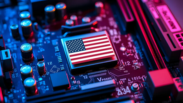 American Flag on a Computer Chip: US Chips Act Concept
Made in USA: Microchip with US Flag on Circuit Board
Semiconductor Industry in the United States: Flag on Processor
