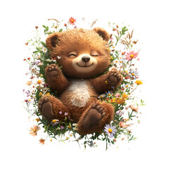 A Fluffy 3D Cartoon Bear Cub Rolling Around in a Field Isolated on Transparent Background