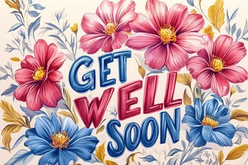 Get well soon greeting card with beautiful colorful flowers, AI Generated