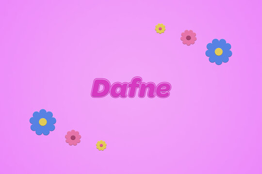 Dafne female girl name illustration in pink with blossoms, flowers