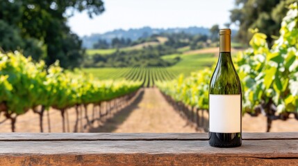 A wine bottle with blank label placed on a wooden table in front of symmetrical vineyard rows in warm sunlight.

