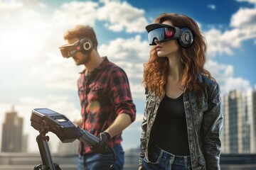 Obraz premium Exploring virtual reality and technology in an urban setting during daylight hours