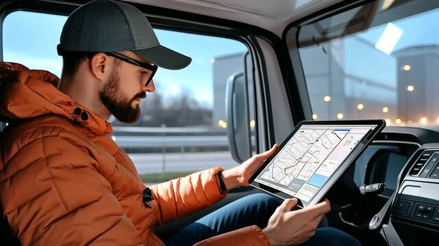 A logistics coordinator seated inside a truck cabin, managing real-time delivery routes on a tablet, with a digital map showing scheduled stops and detours to avoid traffic congest