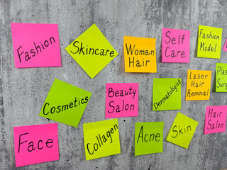 The many components that make up modern beauty and selfcare. Conceptual photo with sticky notes and words describing beauty and attractiveness routine. Conditions for healthy and beautiful body