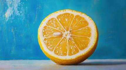 Citrus Art: Lemon Slice on Abstract Blue & Yellow Background