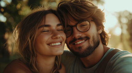 Fototapeta premium Happy couple s joyful embrace in golden sunlight beaming smiles and soft focus background