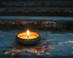 Traditional oil lamp at gurudwara steps adorned with floral designs