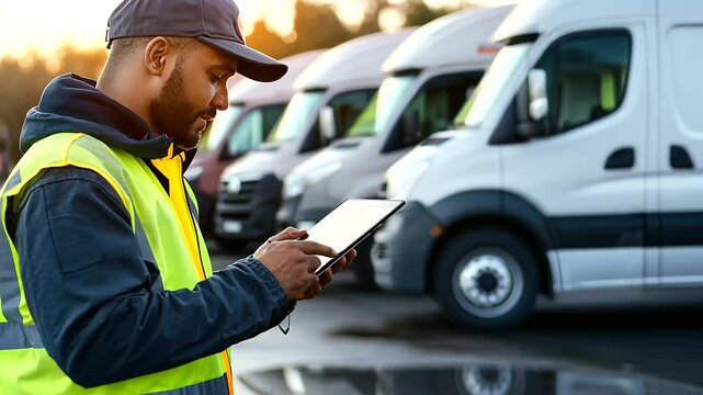 A logistics coordinator standing next to a truck, using a tablet to adjust the route map for upcoming deliveries, the parking lot bustling with parked trucks ready for dispatch