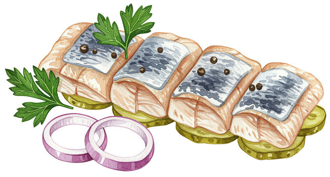 German Rollmops, Pickled Herring with Onions and Pickles, Seafood Appetizer Art, watercolour clipart illustration isolated on a transparent background