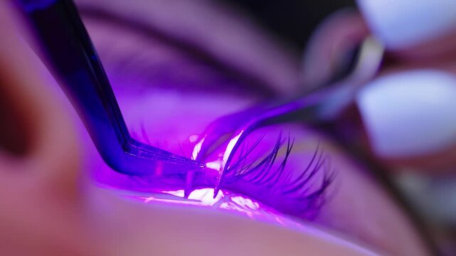A detailed close-up video of a beauty technician applying individual eyelash extensions using tweezers, followed by curing the lashes with UV light for secure bonding.
