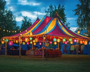 Obraz premium Rural feast under canopy tent with glowing lanterns