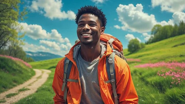 positive African American young man with bacpask in nature, spring, nicking