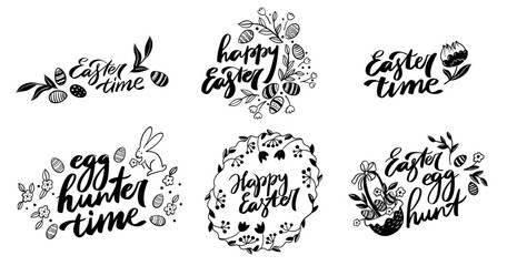 Happy easter, Easter egg hunt black and white lettering decorated by rabbit, flowers, easter eggs. Hand drawn lettering.