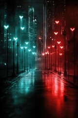 Futuristic city streetlights with neon reflections in nighttime urban setting